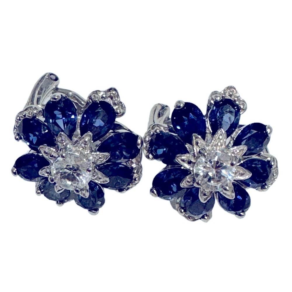 Spectacular high-end vintage costume diamond and sapphire floral earrings. EUC